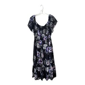 Eliza J Women’s Black Floral Chiffon Lined Midi Dress Size 10 Short Sleeves Tier